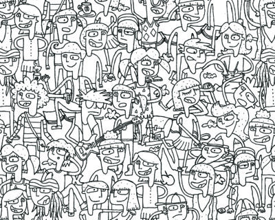 Singing children seamless pattern with doodled youngsters in black and white. Illustration is in eps8 vector mode, background on separate layer.